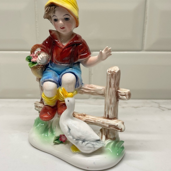 Other - Charming Boy and Duck Figurine - Multicolor - Vintage Porcelain Boy on Fence wit